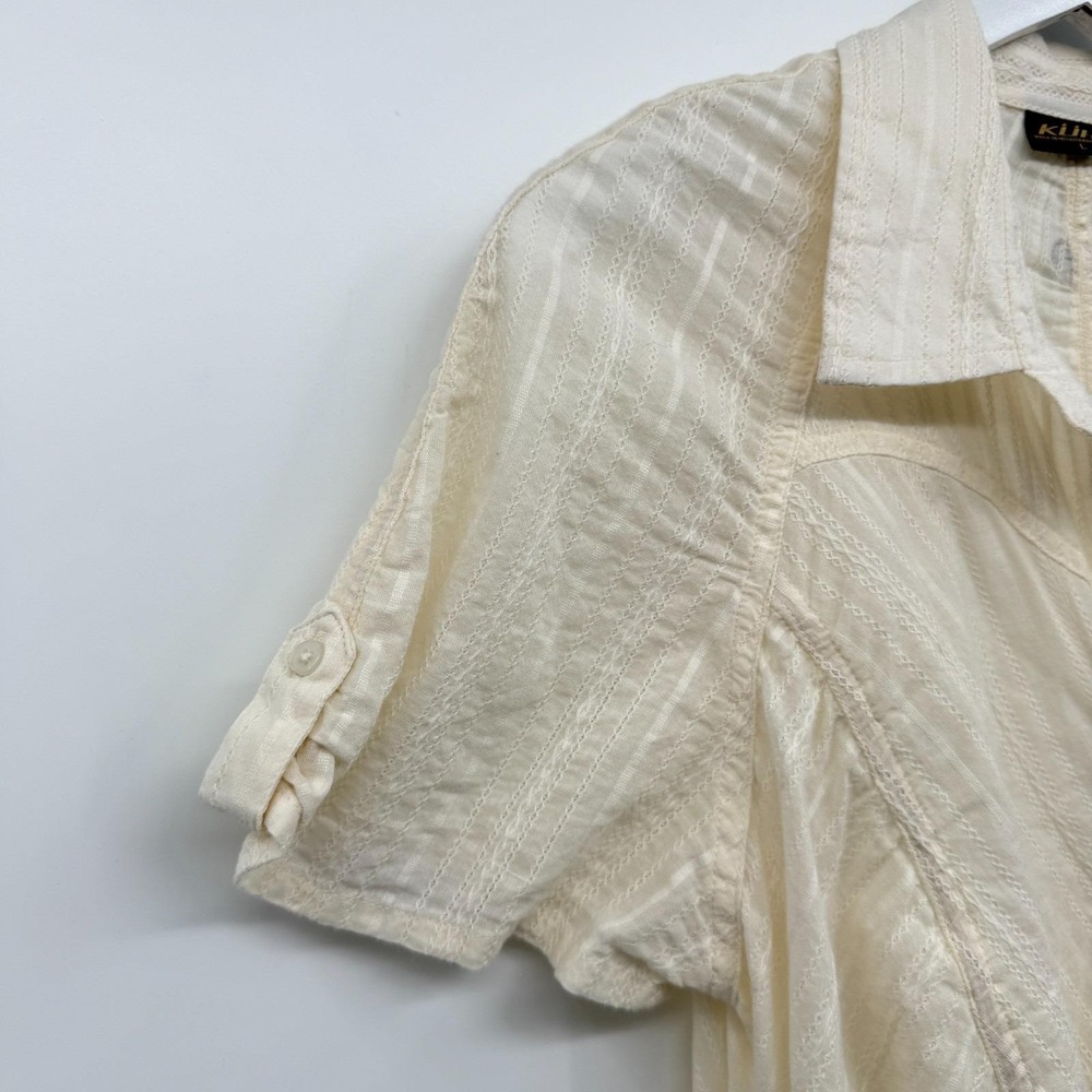 Vintage Kuhl Top Shirt Blouse Size Large Ruched Button Up Quiet Luxury Neutral - Picture 8 of 14